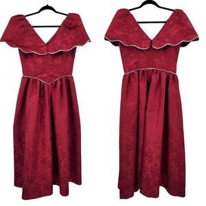 Vtg 80s Handmade Red Floral Jacquard Dress‎ Sz M Fit & Flare Victorian Revival